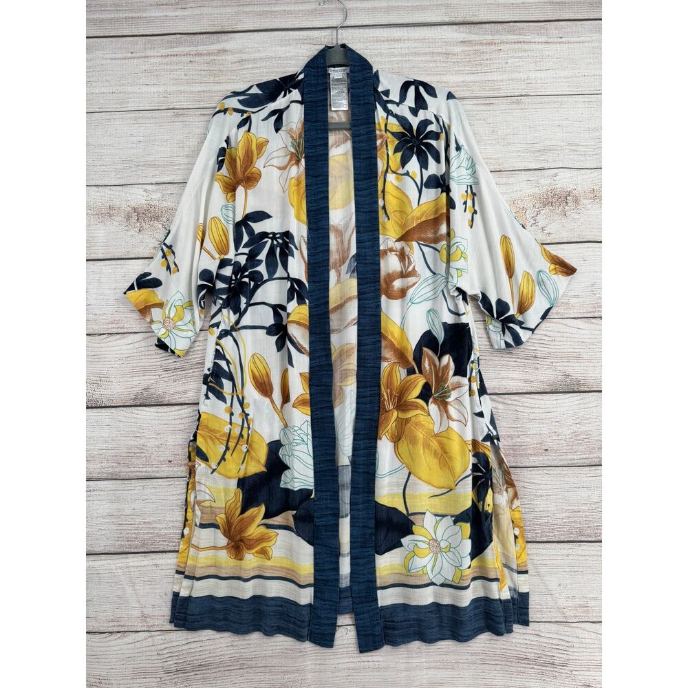 Chico's Floral‎ Open Front Kimono Womens S/M White Blue Yellow